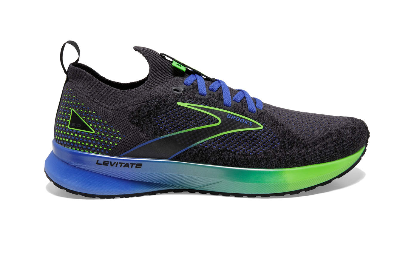 Men's Brooks Levitate Stealthfit 5, Ebony/Gecko/Dazzling Blue, 9.5 D Medium