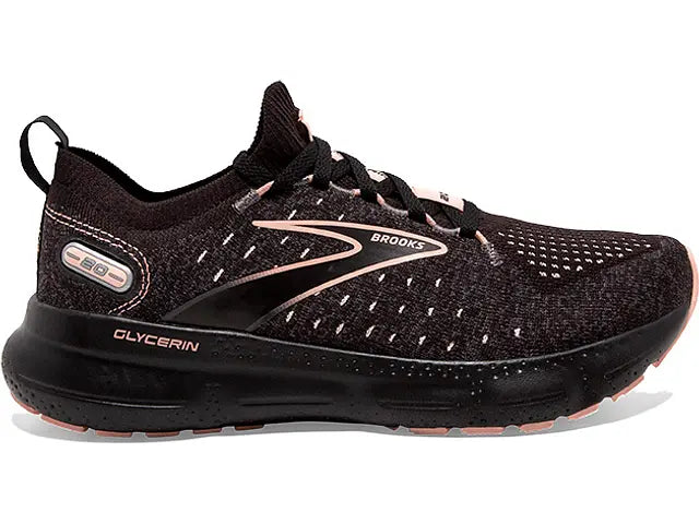 Women's Brooks Glycerin StealthFit 20, Black/Pearl/Peach, 8.5 B Medium