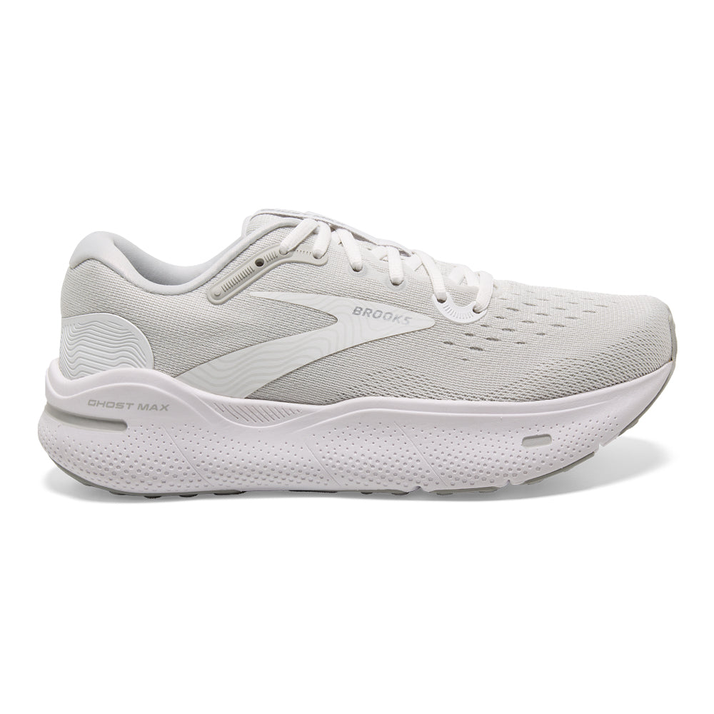 Men's Brooks Ghost Max, White/Oyster/Metallic Silver, 8.5 D