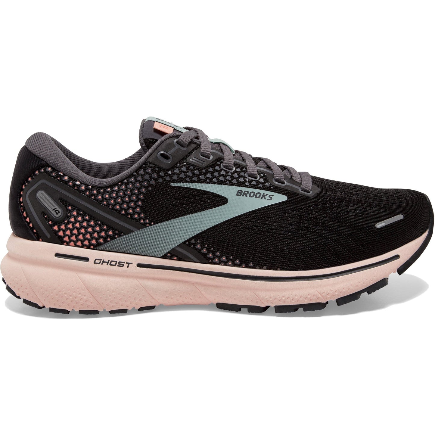Women's Brooks Ghost 14, Black/Pearl/Peach, 8 B Medium