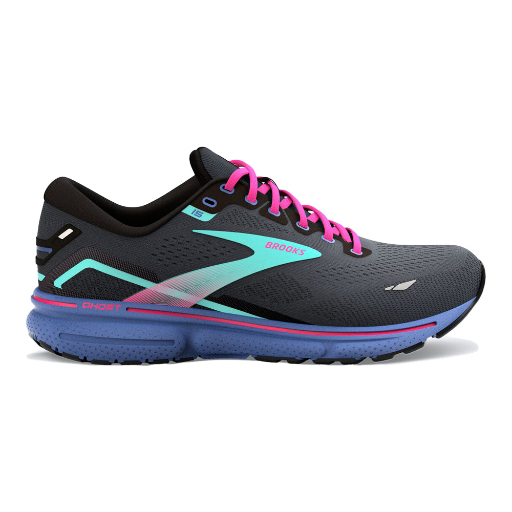Women's Brooks Ghost 15, Black/Blue/Aruba, 7.5 B Medium