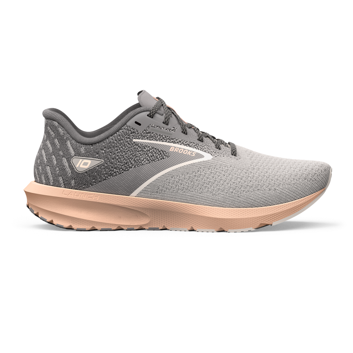 Women's Brooks Launch 10, Grey/Crystal Grey/Pale Peach, 7.5 B Medium