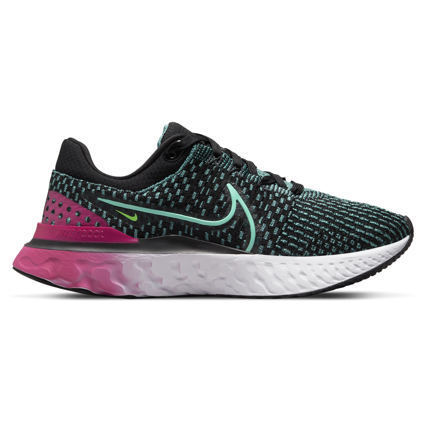 Women's Nike React Infinity Run Flyknit 3, Black/Dynamic Turquoise-Pink Prime, 10 B Medium