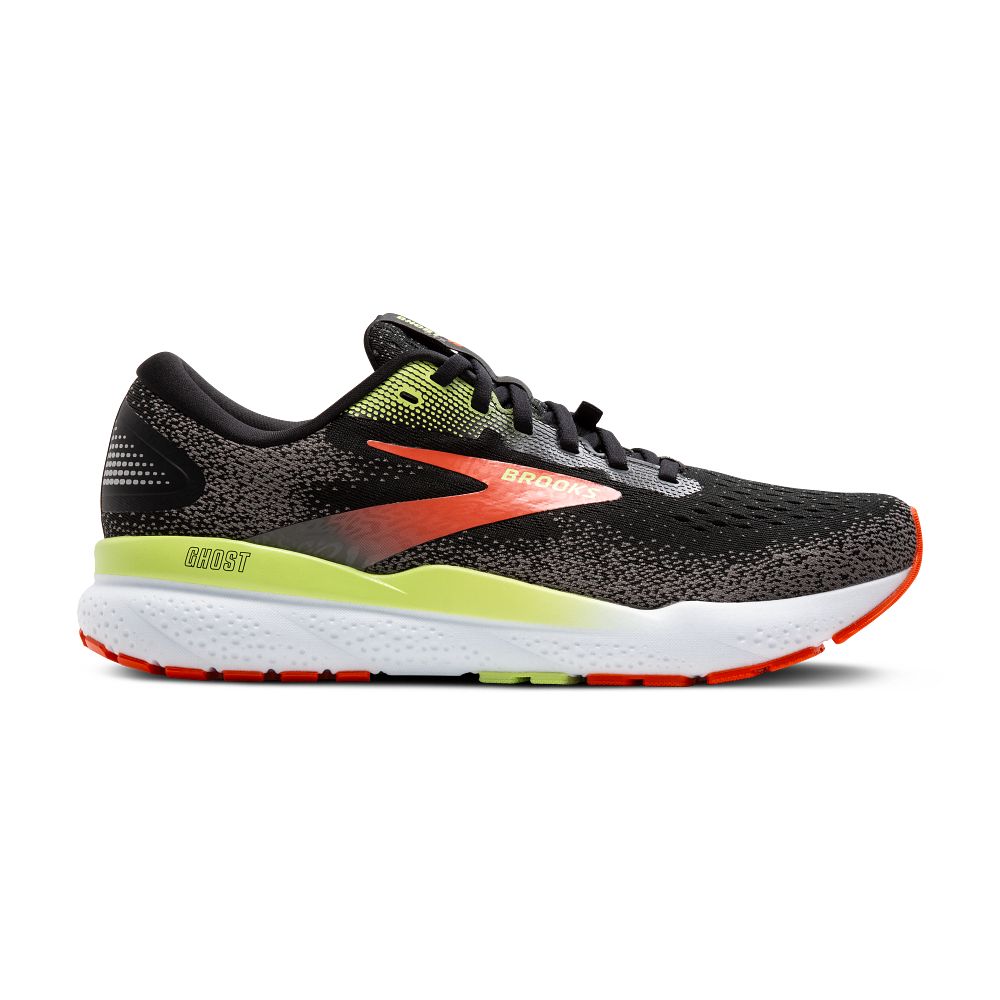 Men's Brooks Ghost 16 GTX, Black/Mandarin Red/Green, 10 D Medium