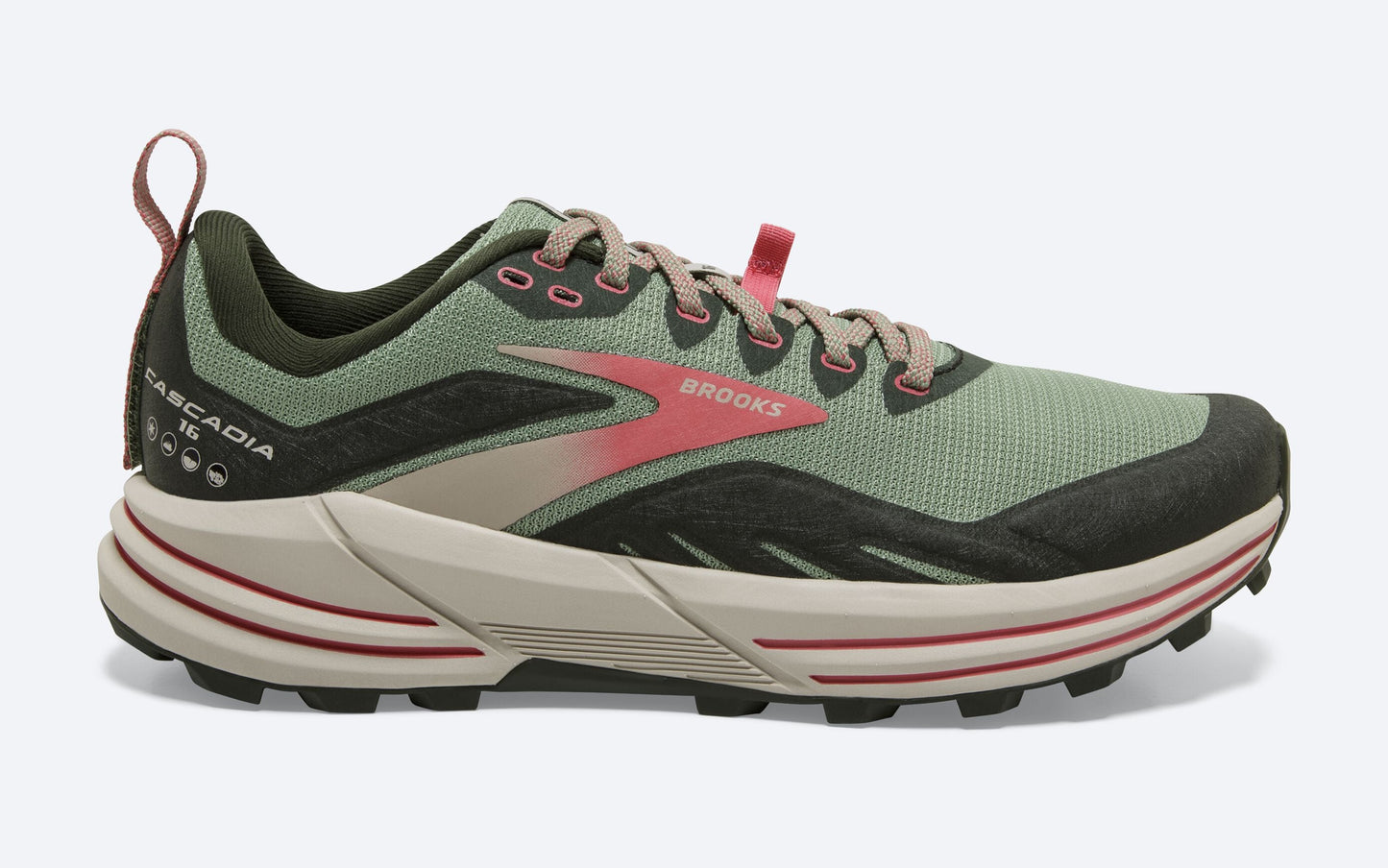 Women's Brooks Cascadia 16, Basil/Duffel Bag/Coral, 6.5 B Medium