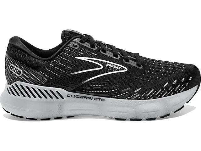 Women's Brooks Glycerin GTS 20, Black/White/Alloy, 9.5 D Wide