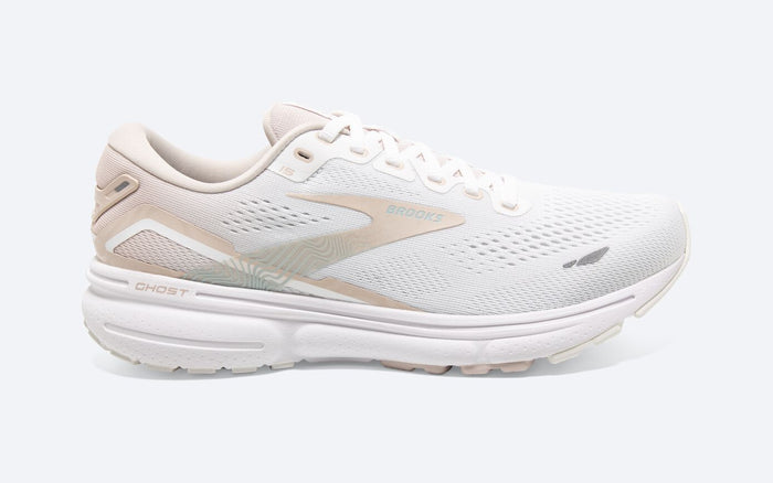 Women's Brooks Ghost 15, White/Crystal Grey/Glass, 5 B Medium