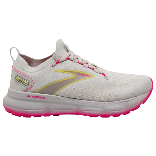 Women's Brooks Glycerin StealthFit 20, Grey/Yellow/Pink, 9.5 B Medium
