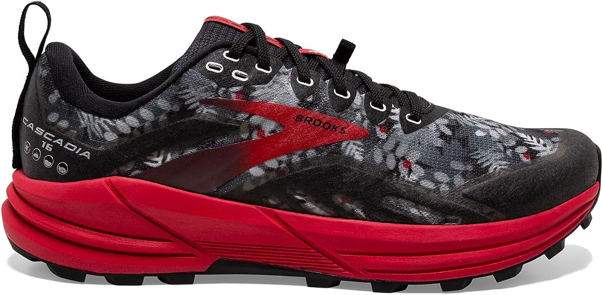 Men's Brooks Cascadia 16, Black/Grey/Red, 12.5 D Medium