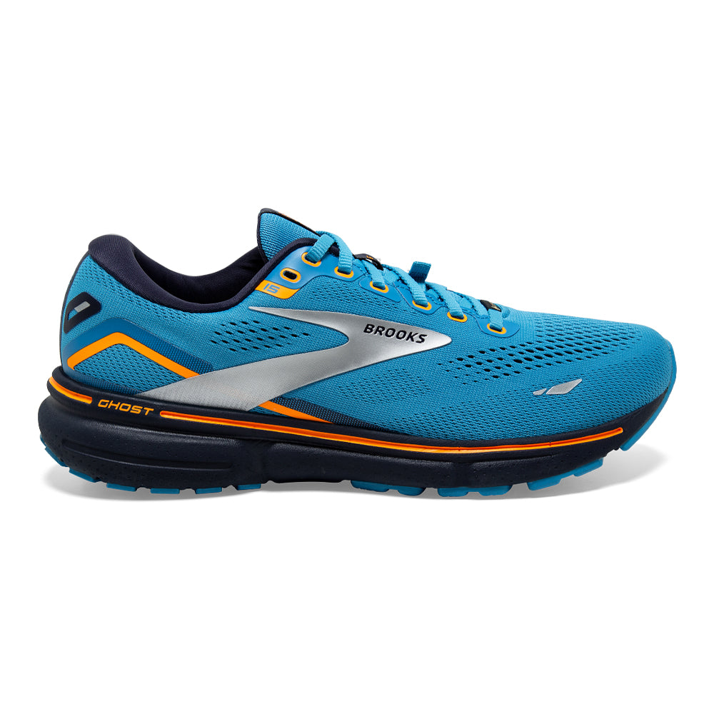 Men's Brooks Ghost 15 GTX, Blue/Peacoat/Orange, 12.5 D Medium
