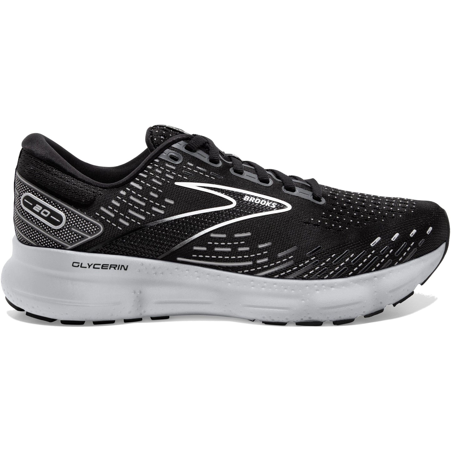 Men's Brooks Glycerin 20, Black/White/Alloy, 11 2E Wide