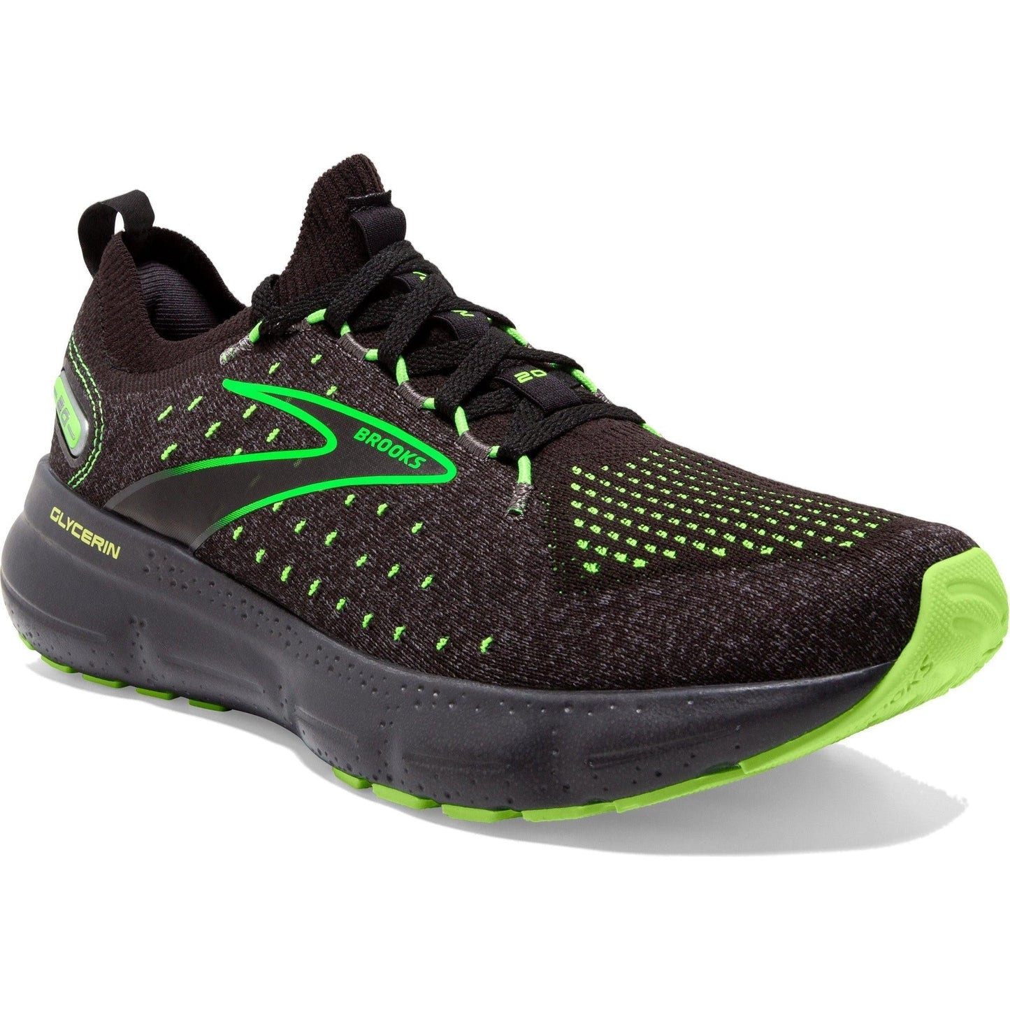 Men's Brooks Glycerin StealthFit 20, Black/Pearl/Green Gecko, 8.5 D Medium