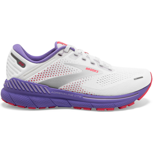 Women's Brooks Adrenaline GTS 22, White/Coral/Purple, 10 B Medium