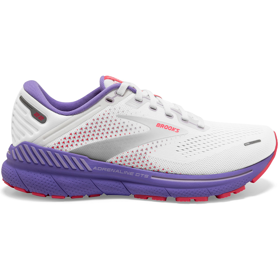 Women's Brooks Adrenaline GTS 22, White/Coral/Purple, 9 B Medium