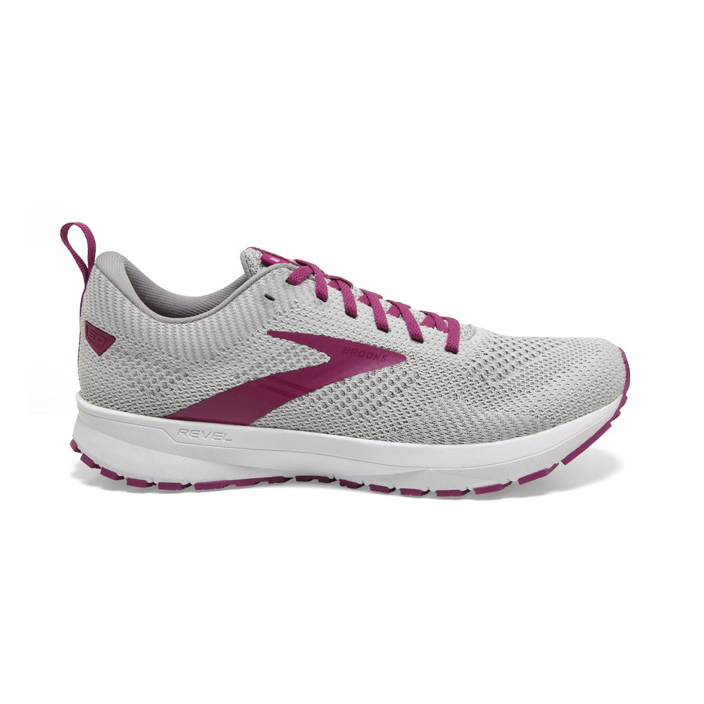 Women's Brooks Revel 5, Grey/White/Baton Rouge, 8.5 B Medium