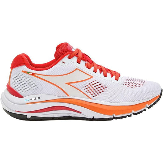 Women's Diadora Mythos Blushield 7 Vortice, White/Fiery Red, 7 B Medium
