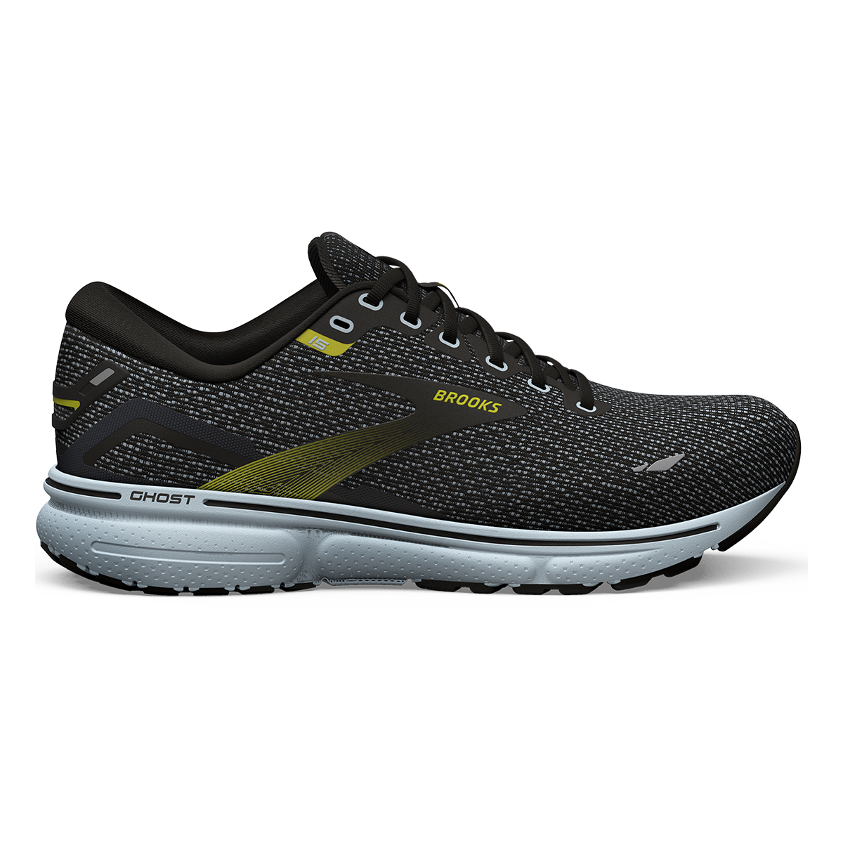 Men's Brooks Ghost 15, Black/Ballad Blue/Sulphur, 11 D Medium