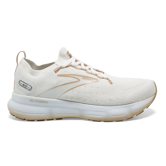 Women's Brooks Glycerin StealthFit 20, White/Khaki, 7.5 B Medium