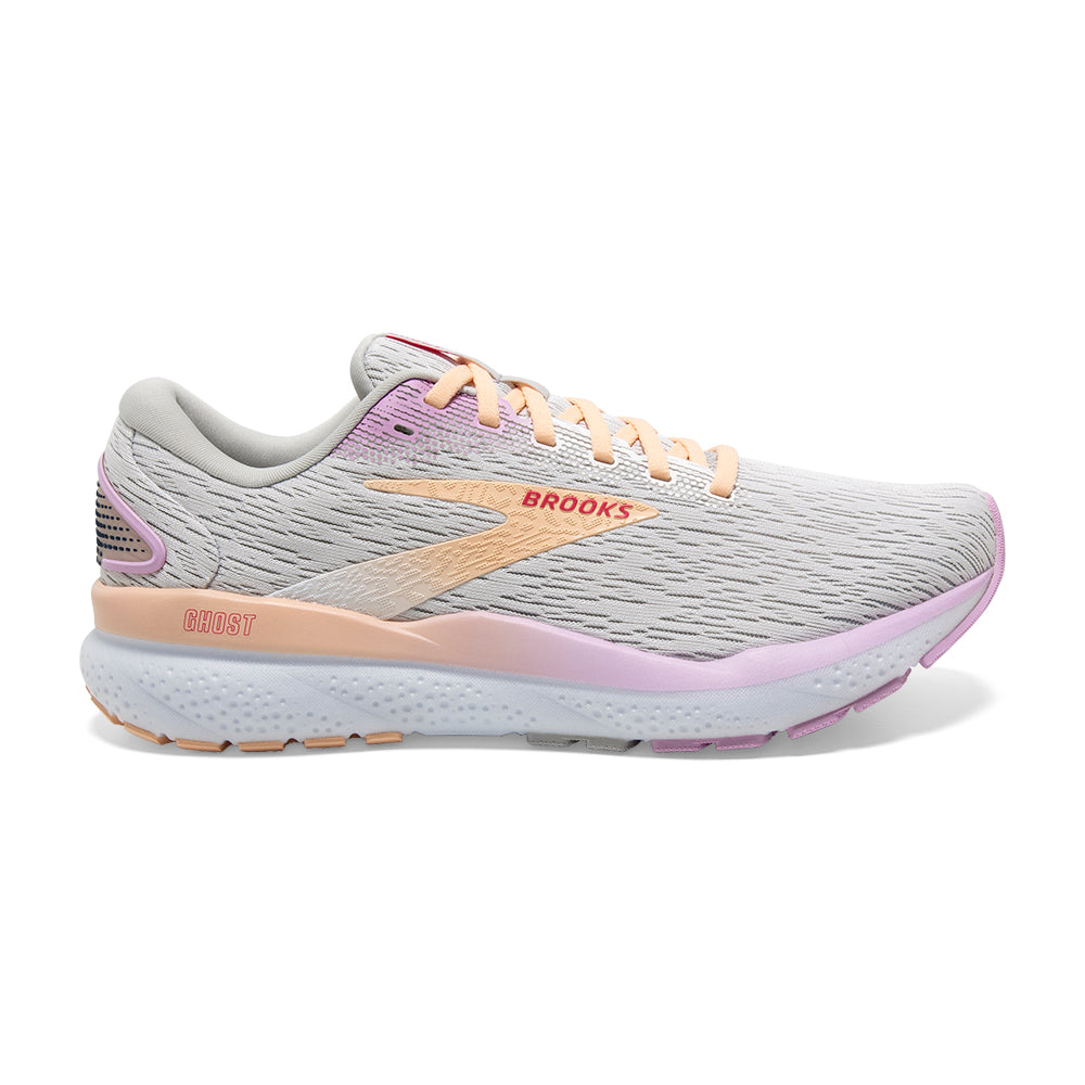 Women's Brooks Ghost 16, White/Grey/Orchid, 9 B Medium